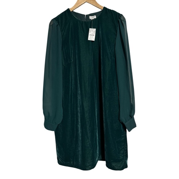 J. Crew Factory NWT Forest Green Velvet Holiday Party Shear Sleeve Mini Dress - Picture 3 of 14